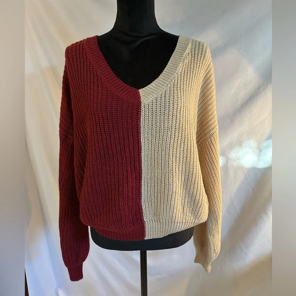 Beige/maroon color block V neck long sleeves loose knit pullover sweater XXL 19